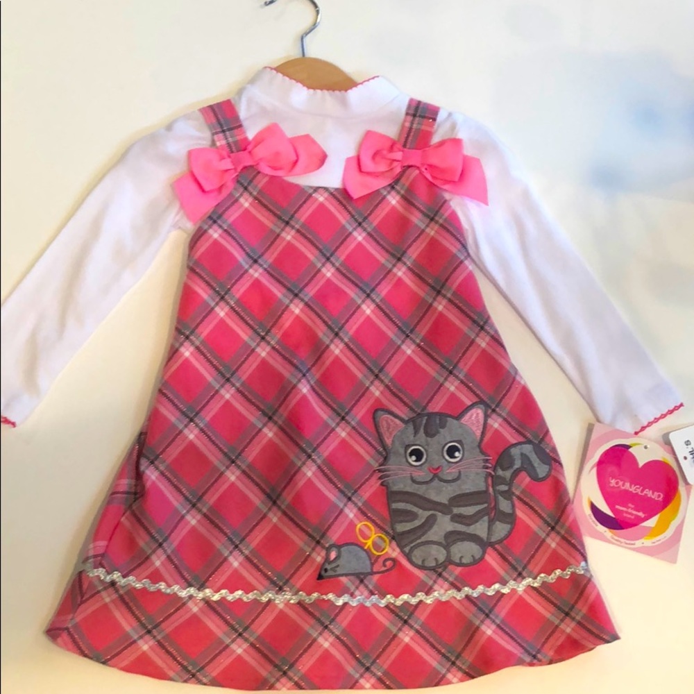 NWT 3t Pink plaid dress with Cat appliqué
